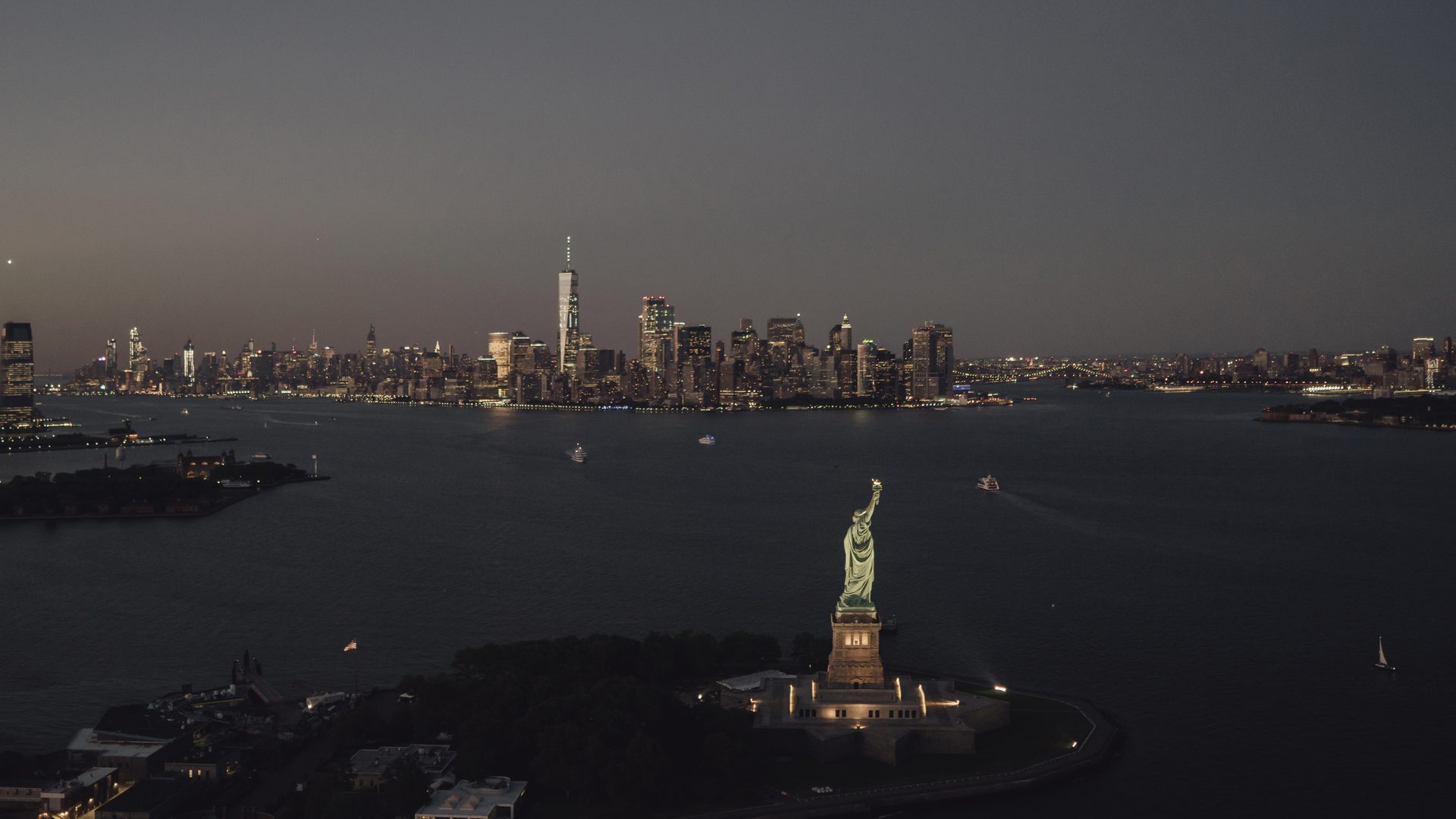 Aerial view of New York City skyline at dusk